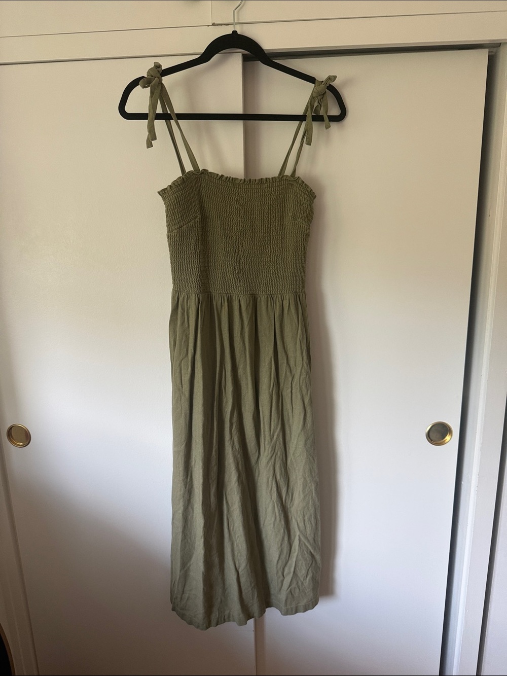 Olive Green Tie-Shoulder Smocked Midi Dress